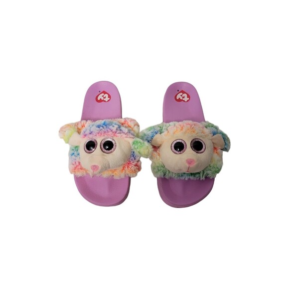 TY Poodle Slide Sandals Girls 4/5 Pink Multicolor Fuzzy Slippers - Picture 2 of 7